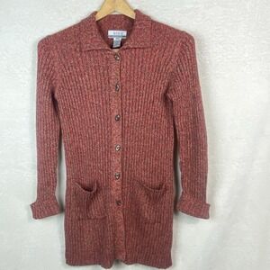 Vtg Nine & Company Long Duster Button Up Cardigan Sz M Rusty Red Speckled Pocket